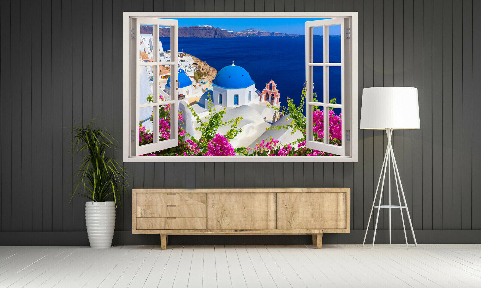 Santorini Greece Landscape Through a Window Canvas Wall Art Print Picture