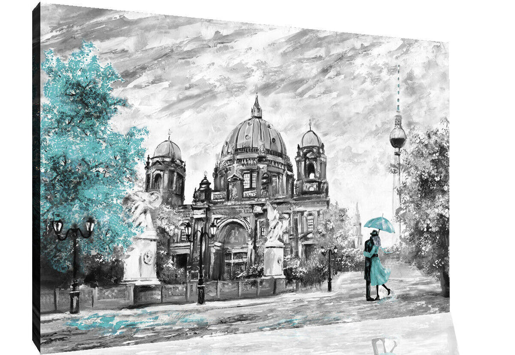 Duck Egg Blue Berlin City Umbrella Canvas Wall Art Picture Print Oil Painting