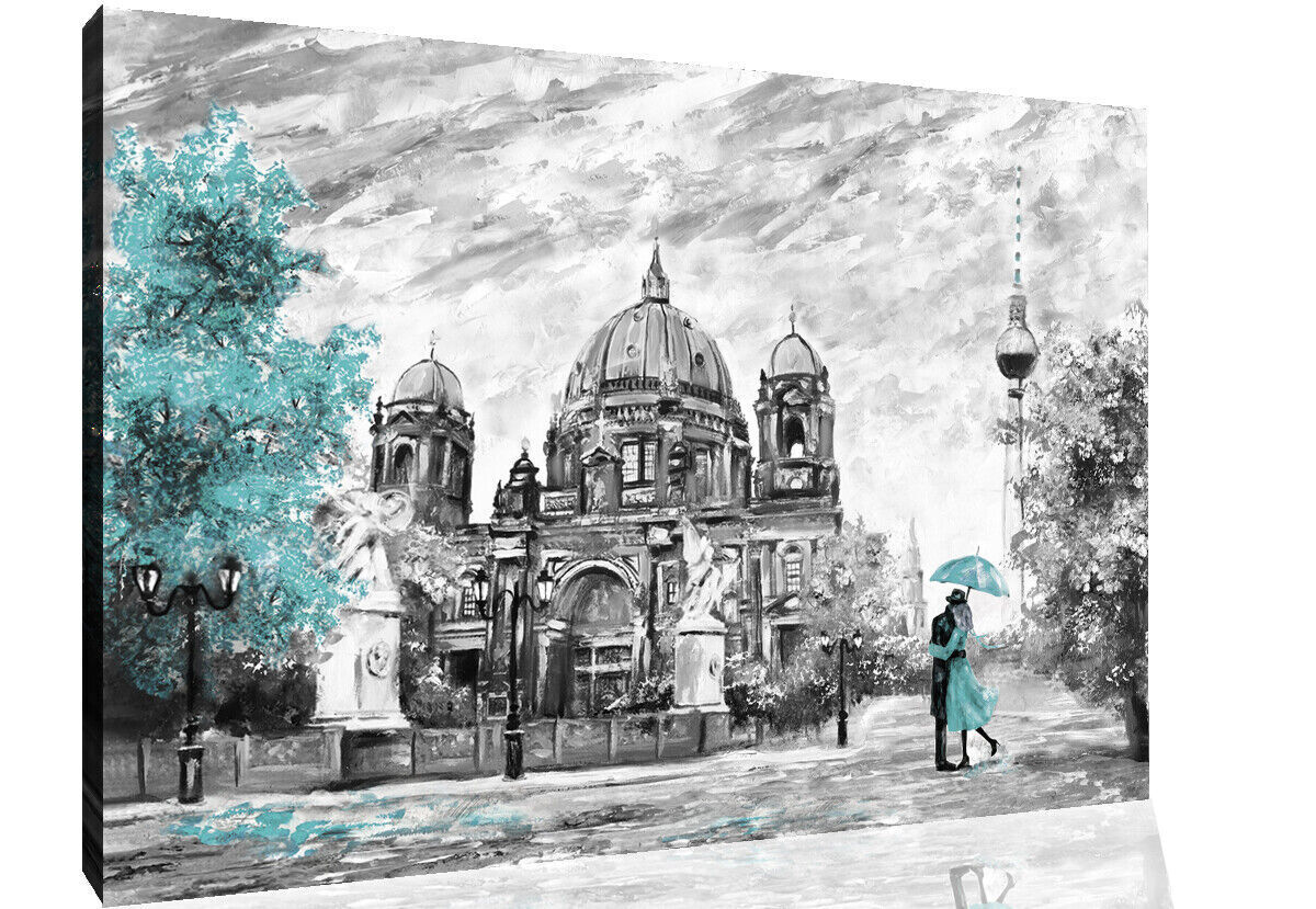 Duck Egg Blue Berlin City Umbrella Canvas Wall Art Picture Print Oil Painting