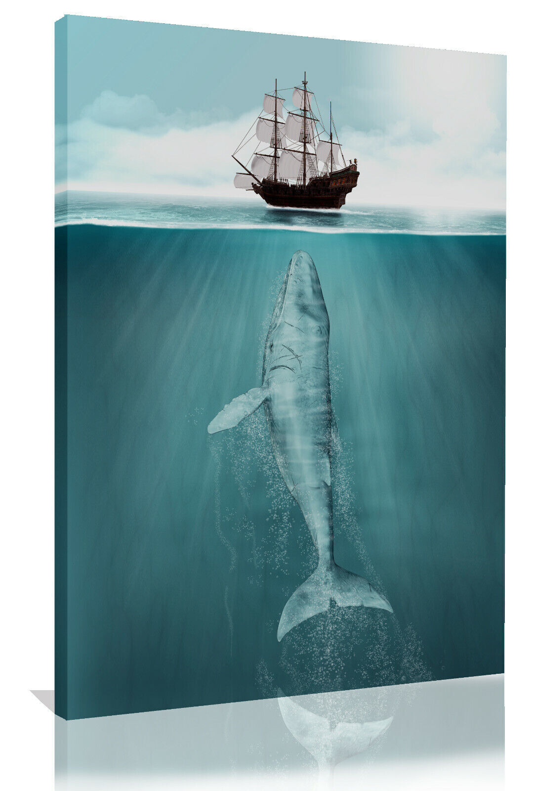 Duck Egg Blue Whale & Ship Maritime Bathroom Canvas Wall Art print picture