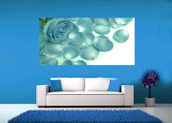 LARGE DUCK EGG BLUE ROSES & RAINDROPS CANVAS PICTURE WALL ART