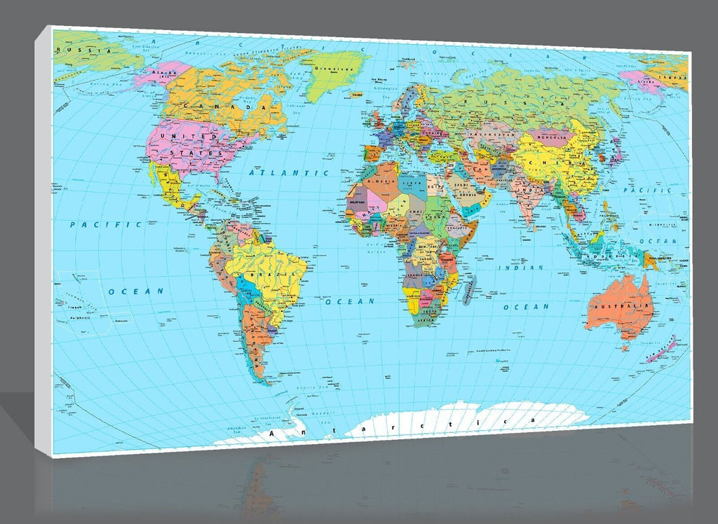 High Detail World Map Canvas Wall Art Picture Print