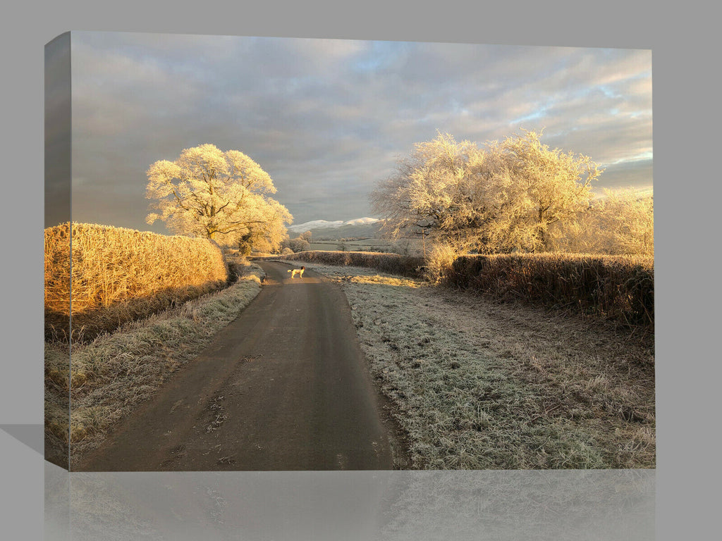 Dog on Cold Winters Lane Landscape Canvas Wall Art Picture Print