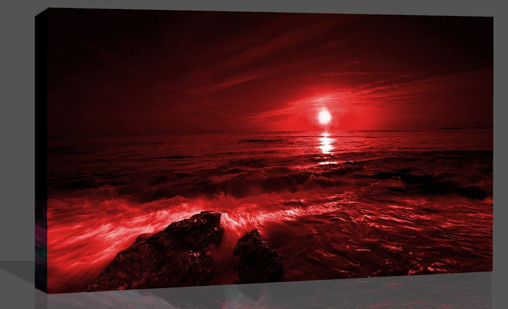 Sunset Over The Ocean seascape Red Canvas Wall Art Picture Print