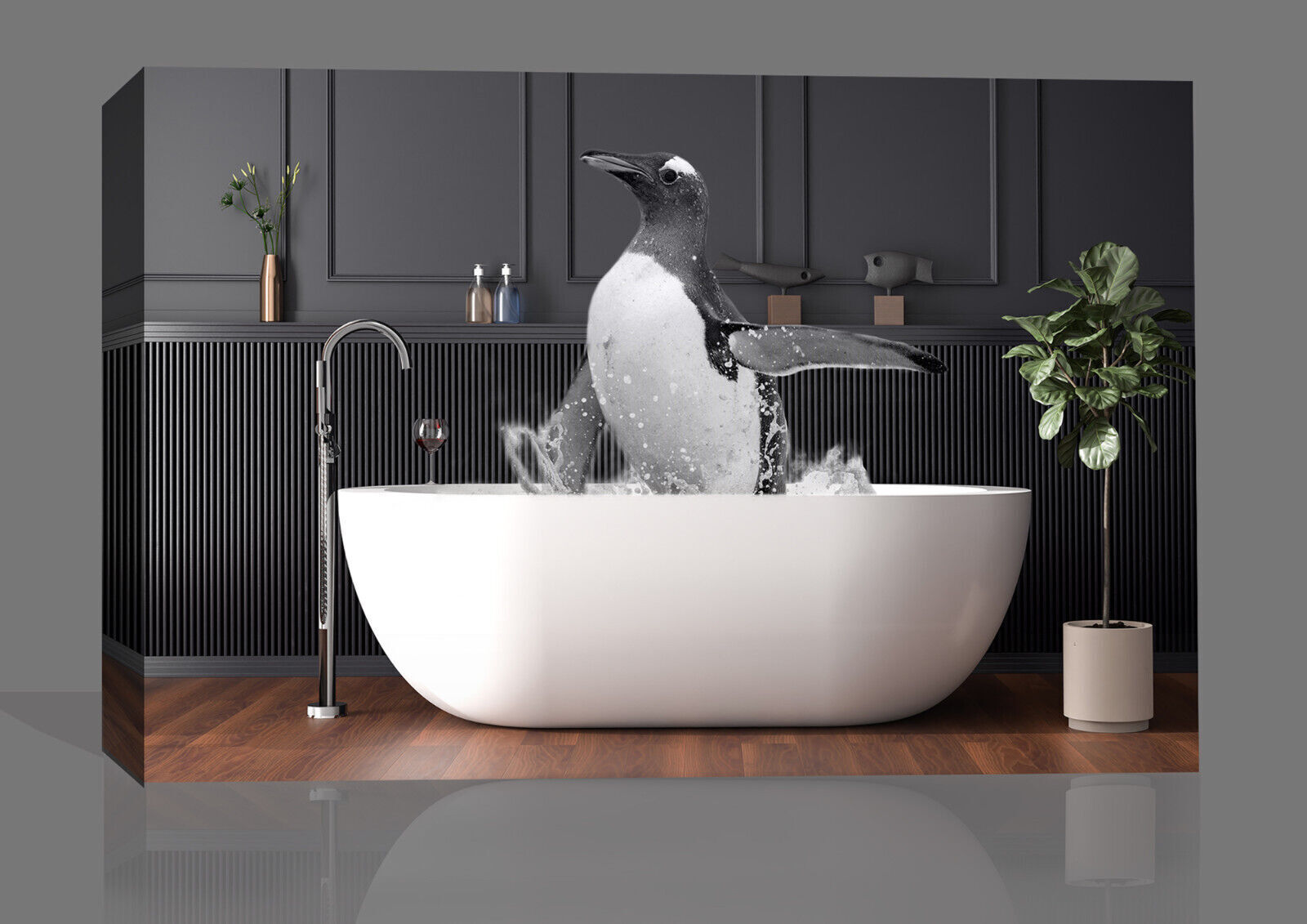 Penguin bathing in bathtub Canvas Wall Art Picture Print