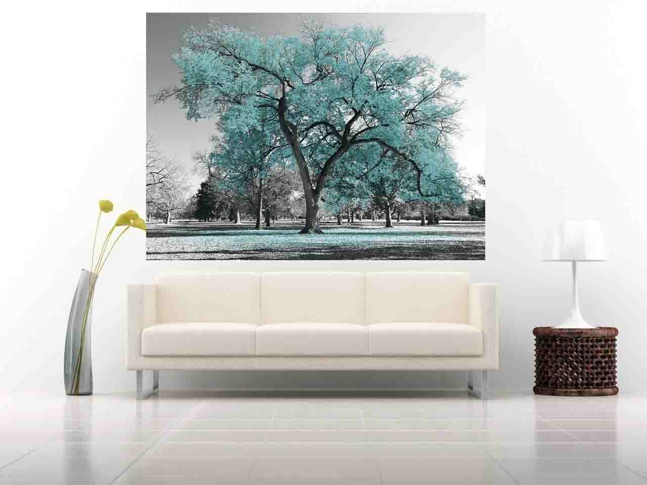 Large Duck Egg Blue Leaves Black White Tree Nature Canvas Wall Art Picture Print