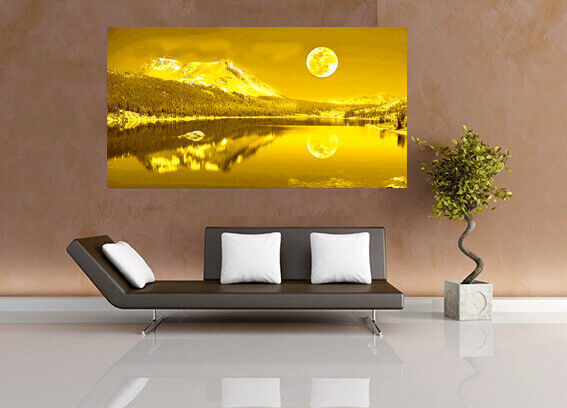 Yellow Mustard Moonlit Lake Cotton Canvas Wall Art Picture Print - A1, A2 sizes