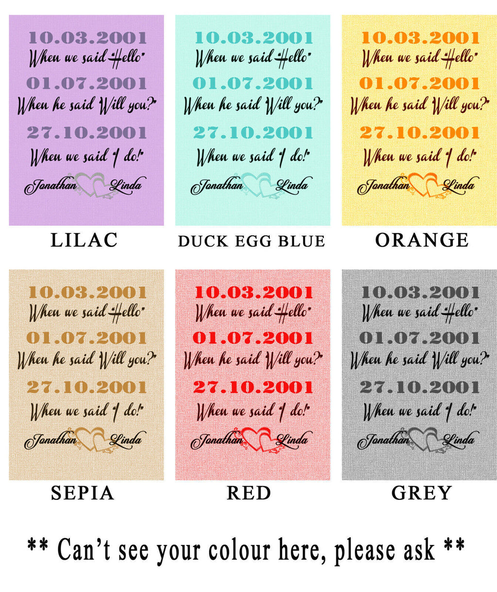 Your Personal Dates Names on Canvas Wall Art  Picture Print Red - Any colour