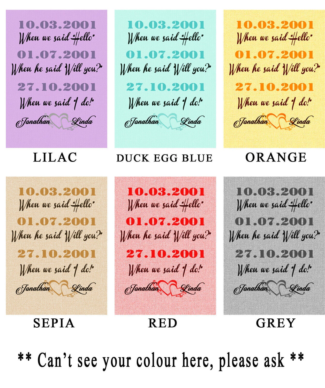 Your Personal Dates Names on Canvas Wall Art  Picture Print Red - Any colour