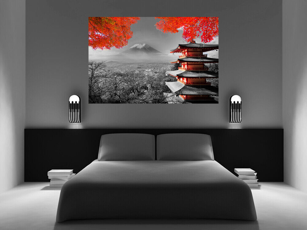 Japanese Temple In Autumn Black White Red Canvas Wall Art Picture Print