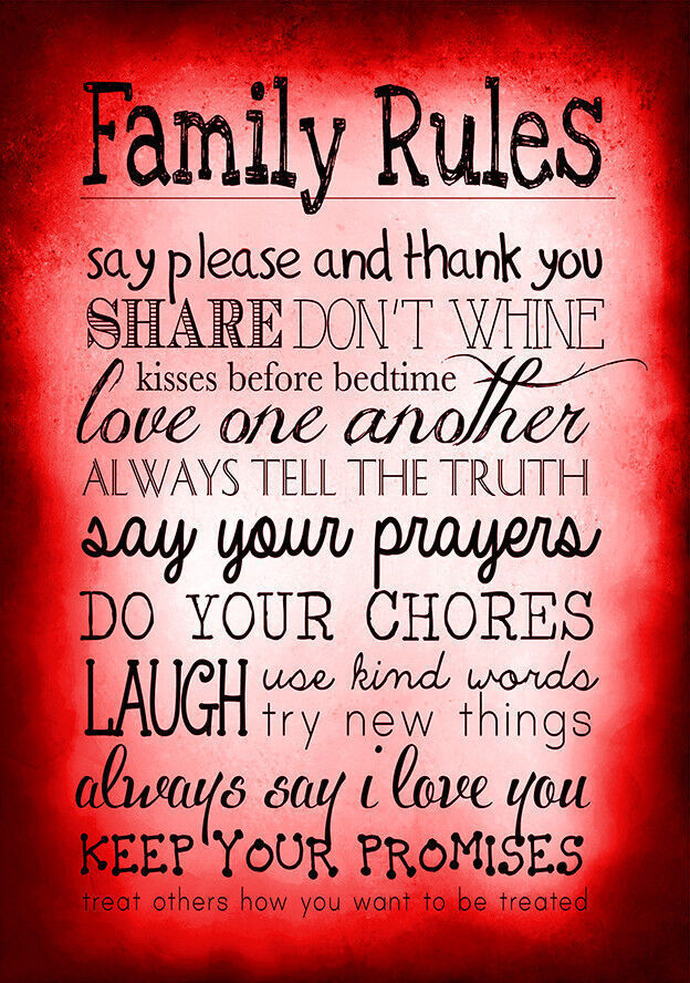 Red Family Rules Quote, Canvas Wall Art Print Picture ALL SIZES, ANY COLOUR