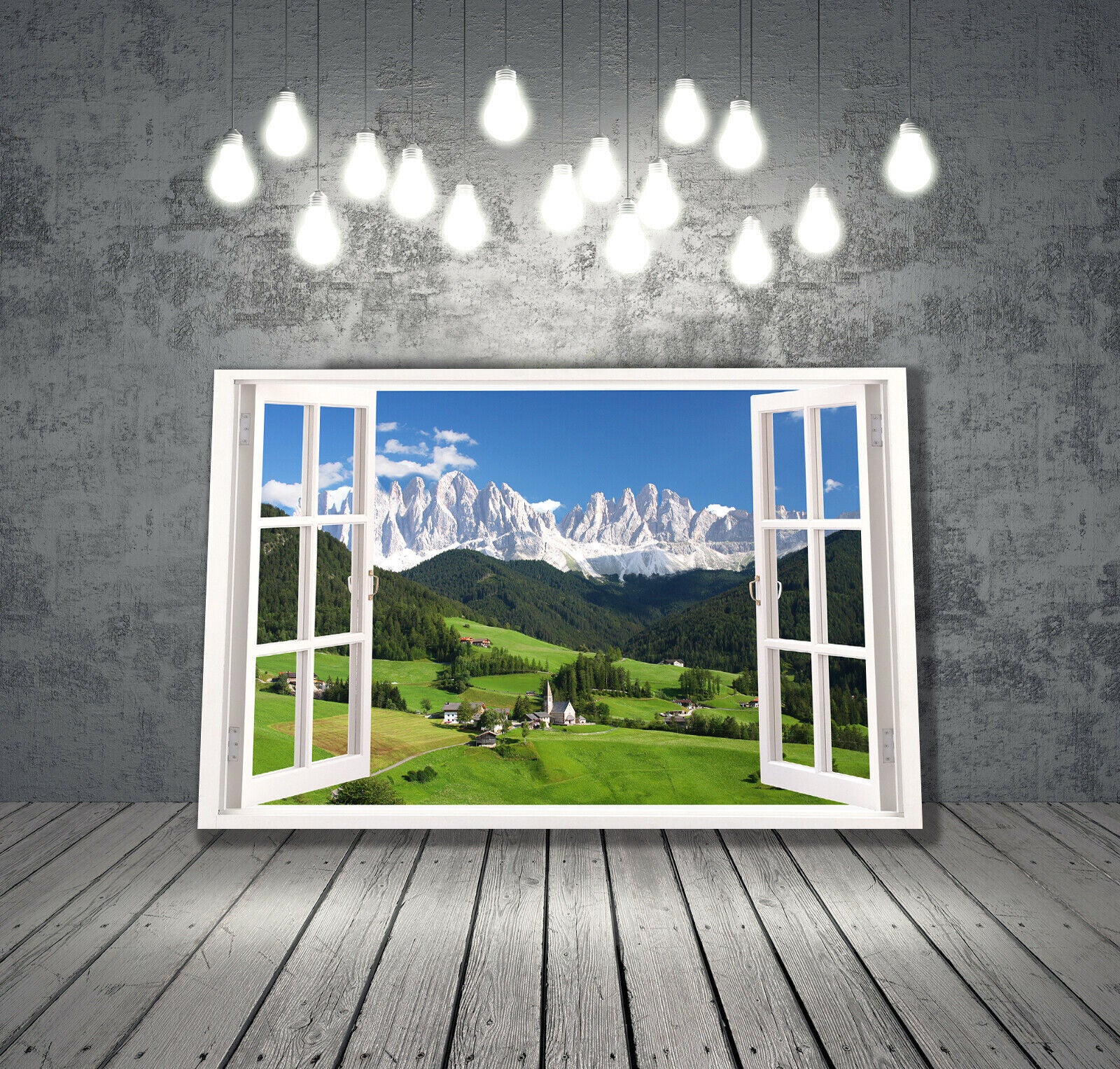 Swiss Alps Landscape through window Canvas Wall Art Picture Print