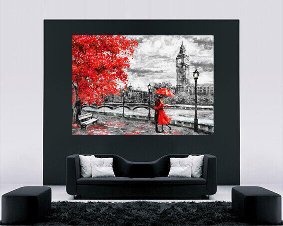 London Oil Painting Big Ben Red Umbrella Canvas Wall Art Picture Print