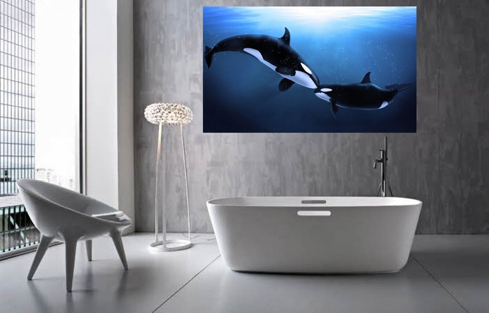 Kissing Whales in Sunlit Ocean Blue Canvas Wall Art Picture Print