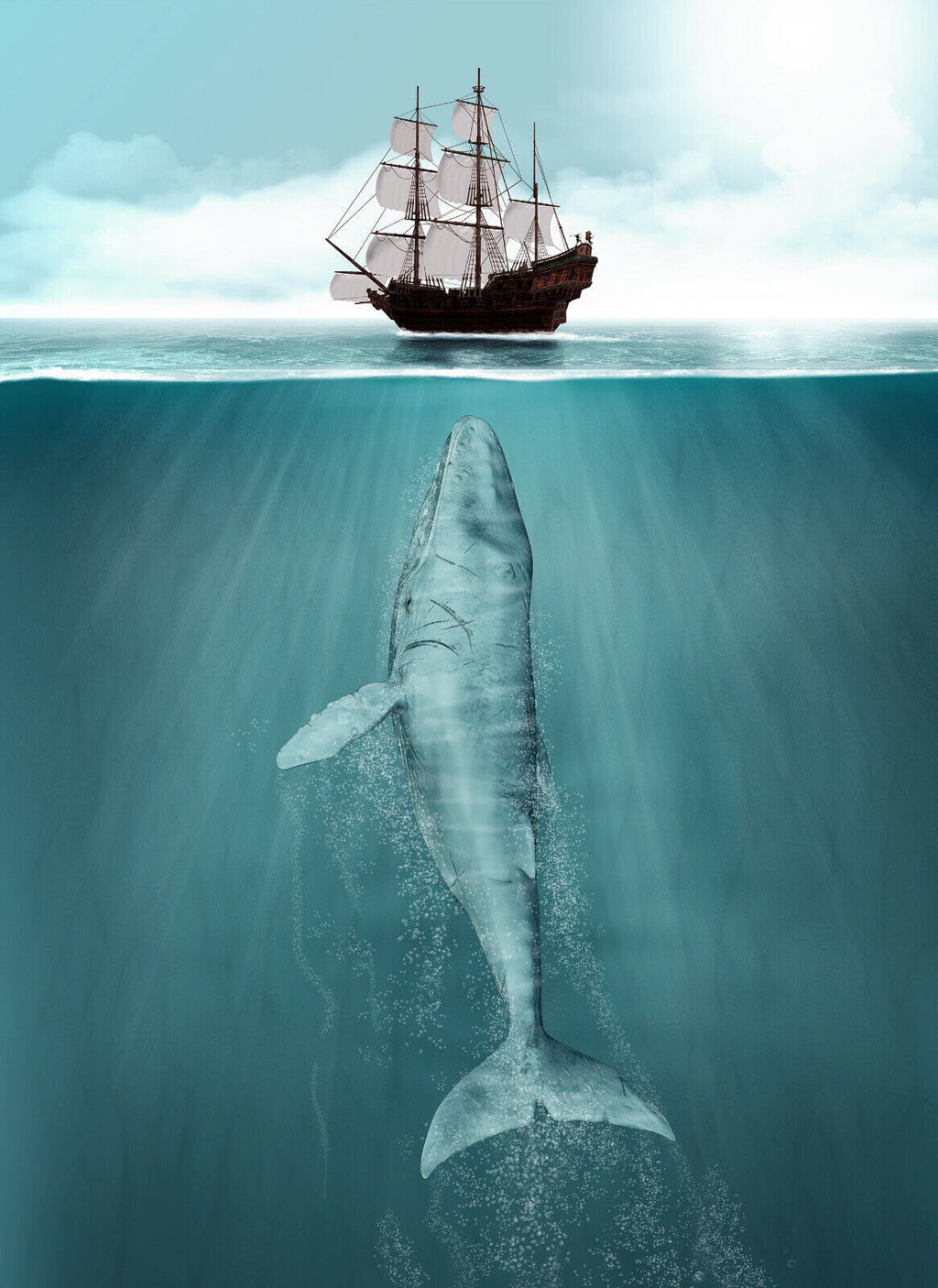 Duck Egg Blue Whale & Ship Maritime Bathroom Canvas Wall Art print picture