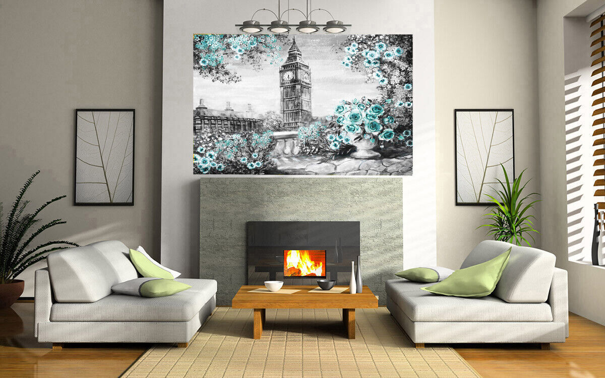 Duck Egg Blue Summer In London Floral Canvas Wall Art Picture Print