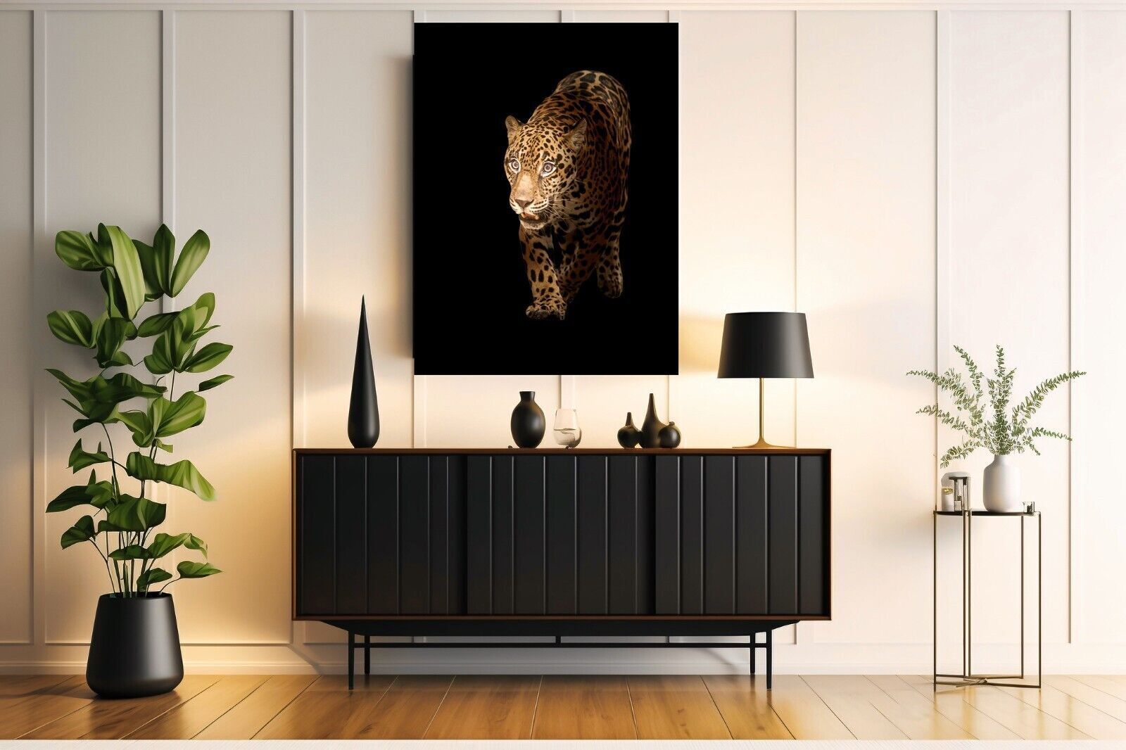 Jaguar in dark black background Canvas Wall Art Picture Print