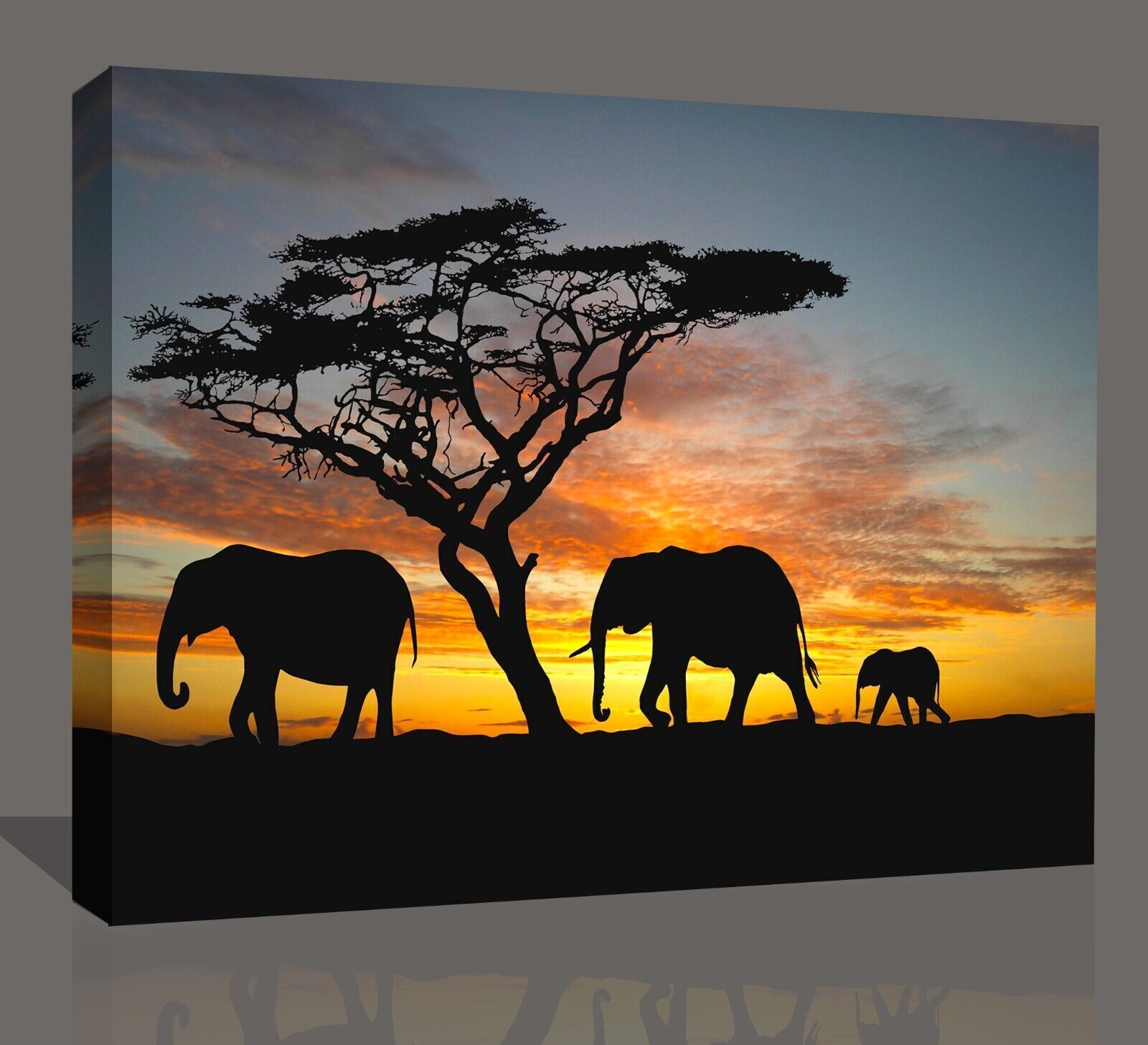 Elephants In The Sunset Africa Landscape  Canvas Wall Art Picture Print