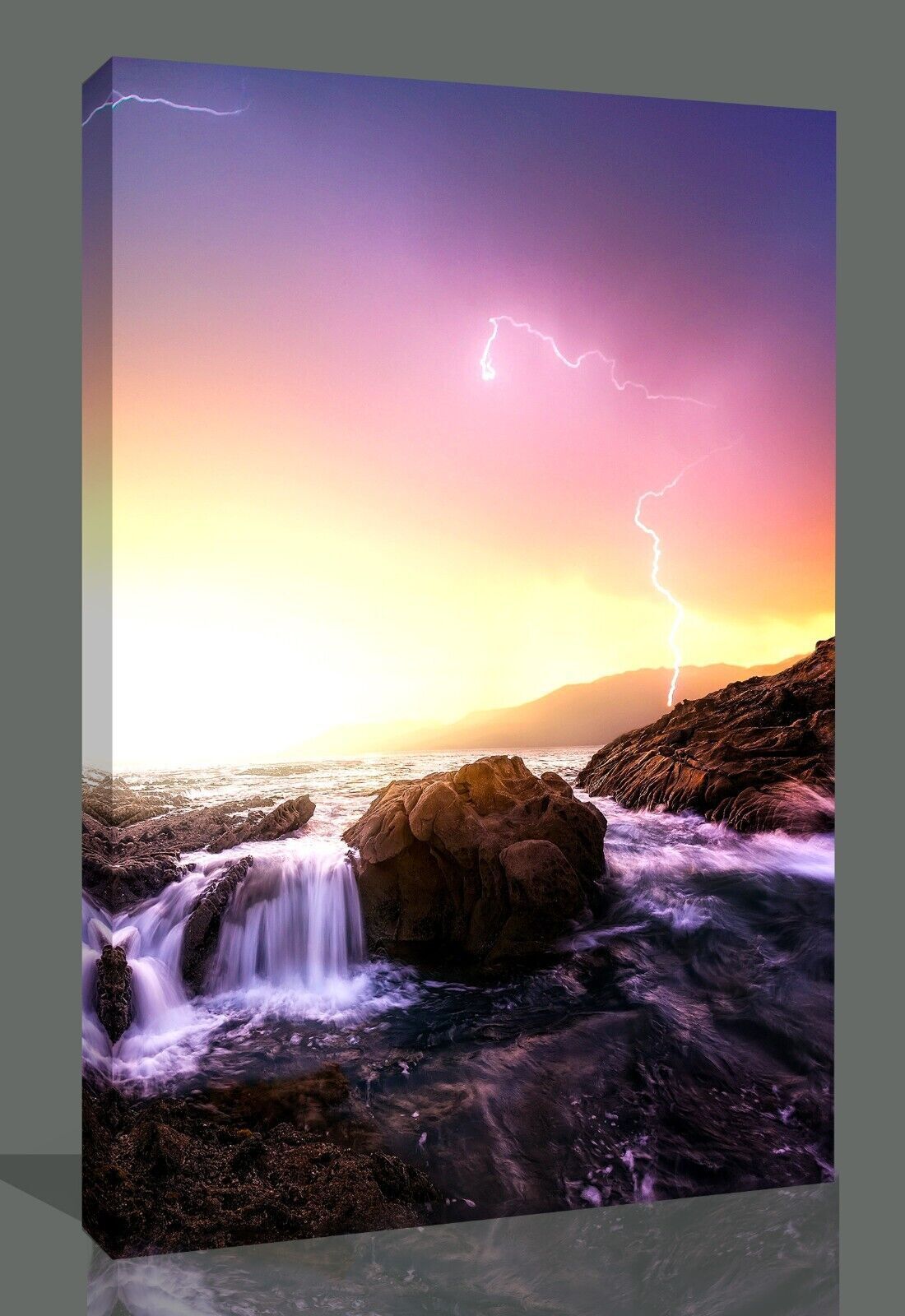Landscape Lightening above the sea  Canvas Wall Art Picture Print - Purple