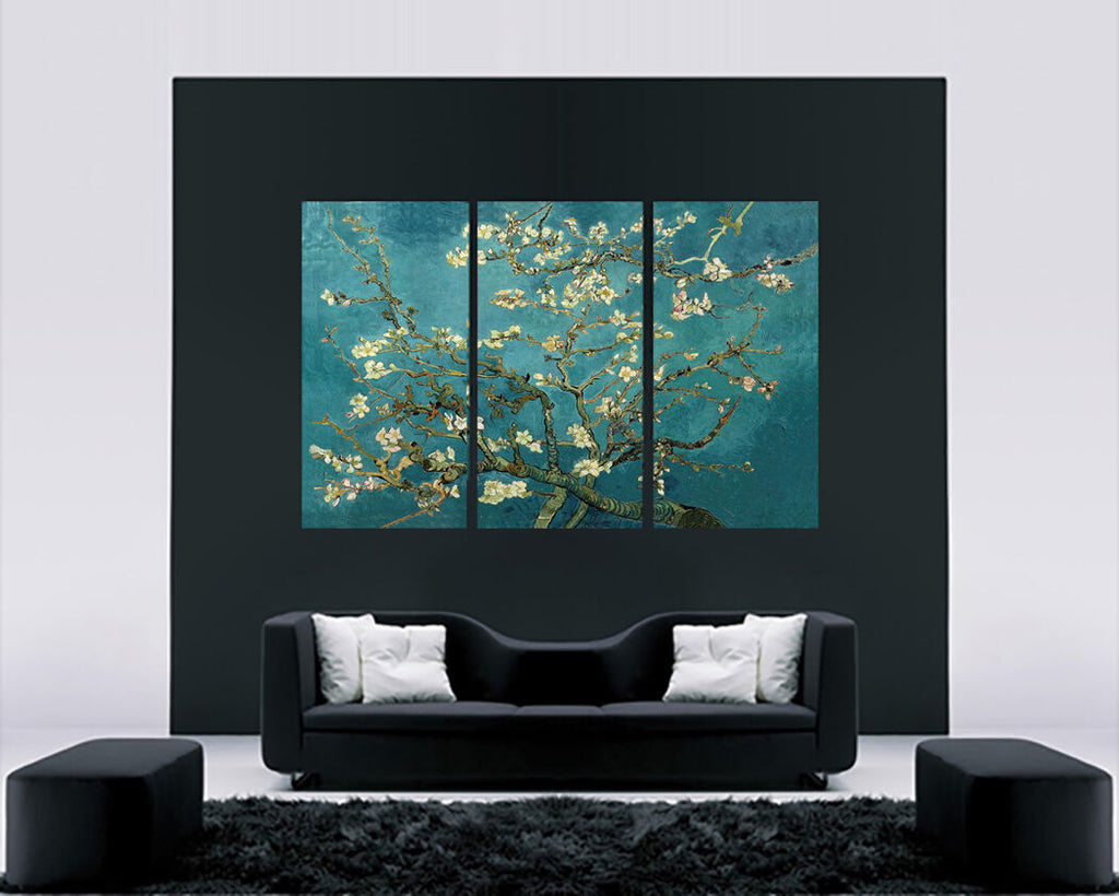 VAN GOGH BLOSSOM TREE CANVAS WALL ART PICTURE DUCK EGG BLUE 3 PANELS 41" X  26"