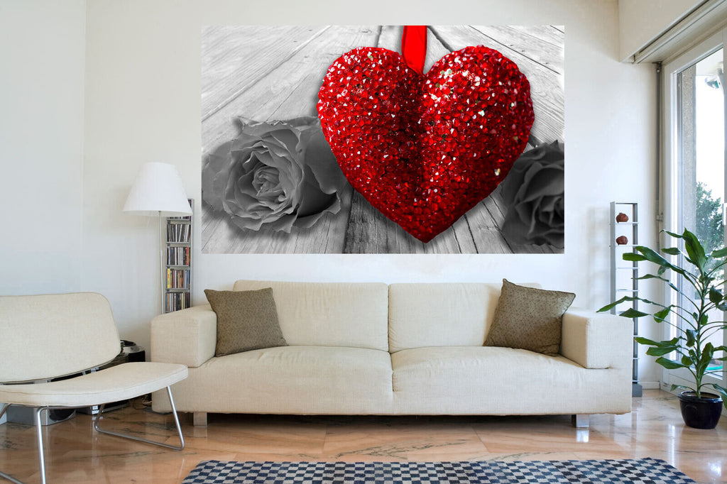 Red Heart & Rose Flower on grey wood Canvas Wall Art Picture Print