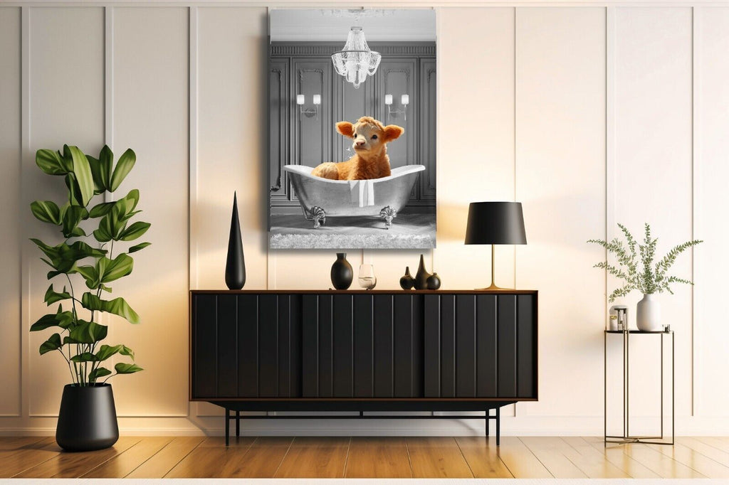 Animal Cute Calf Baby Cow bathing in bathtub Canvas Wall Art Picture Print