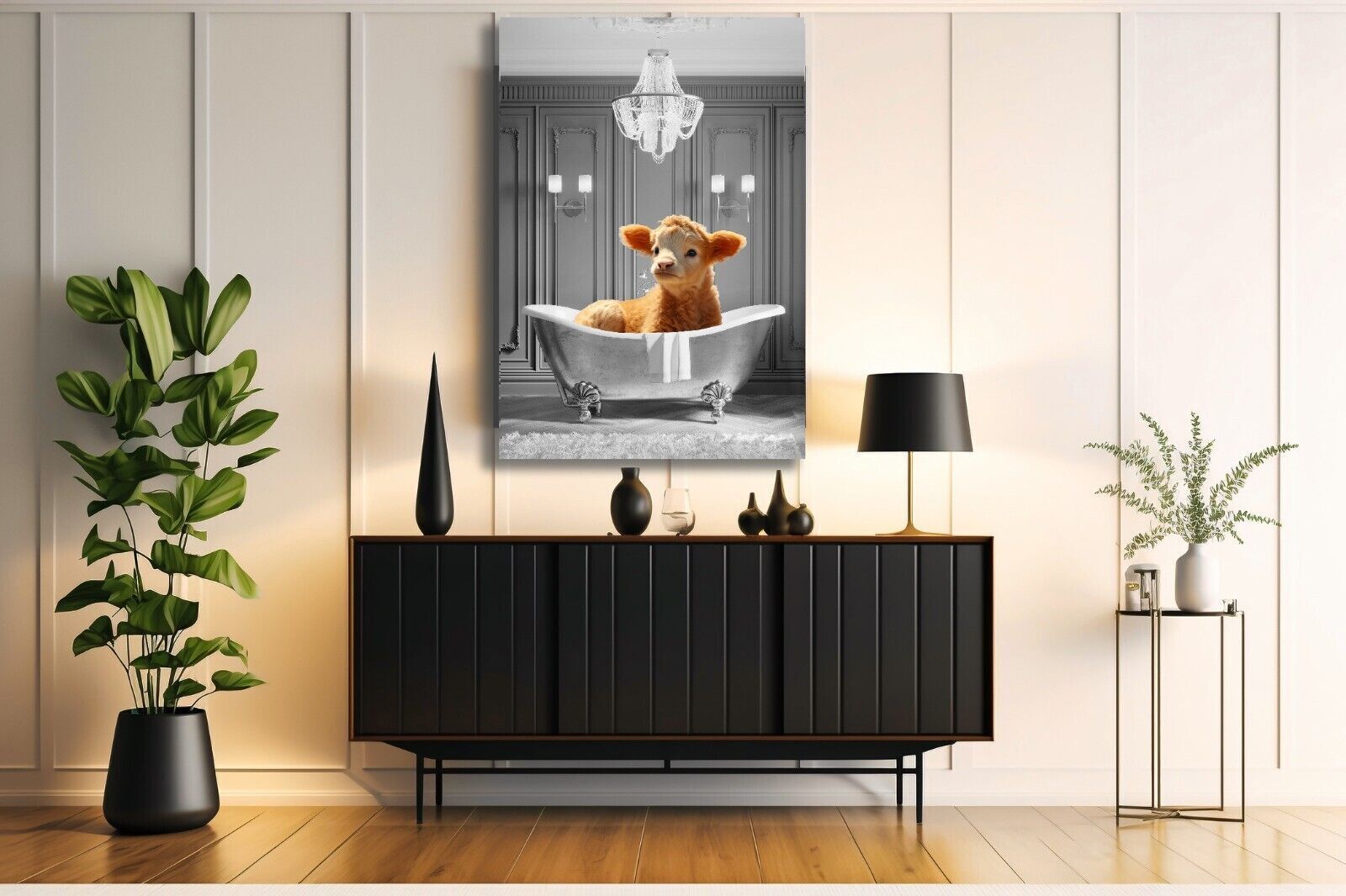 Animal Cute Calf Baby Cow bathing in bathtub Canvas Wall Art Picture Print