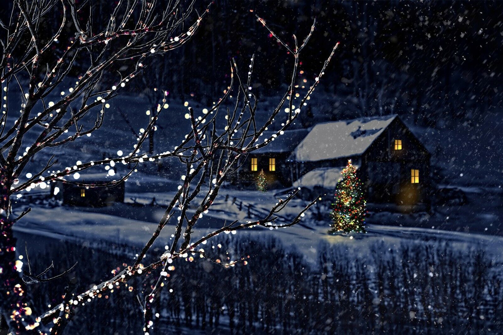 Snowy Winter Christmas Night in Village Landscape Canvas Wall Art Picture Print