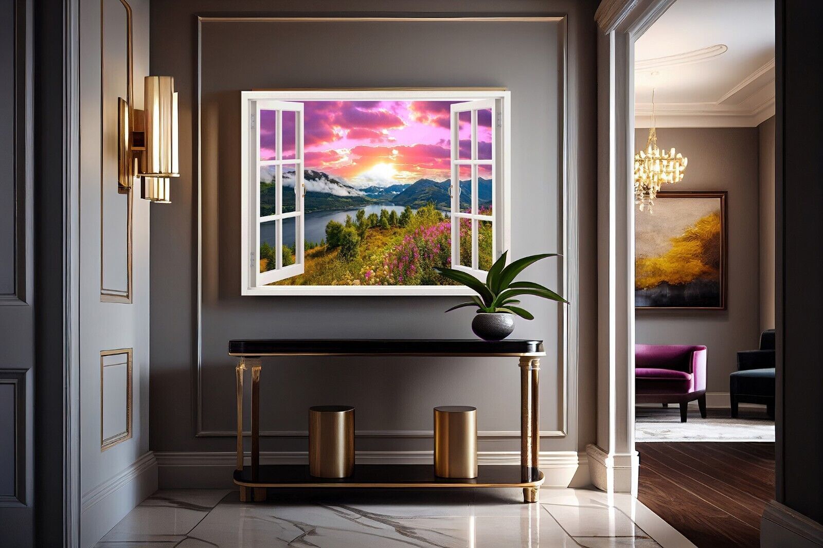 SCOTTISH LAKE SUNSET SCENE VIEW THROUGH WINDOW CANVAS WALL ART Picture Print