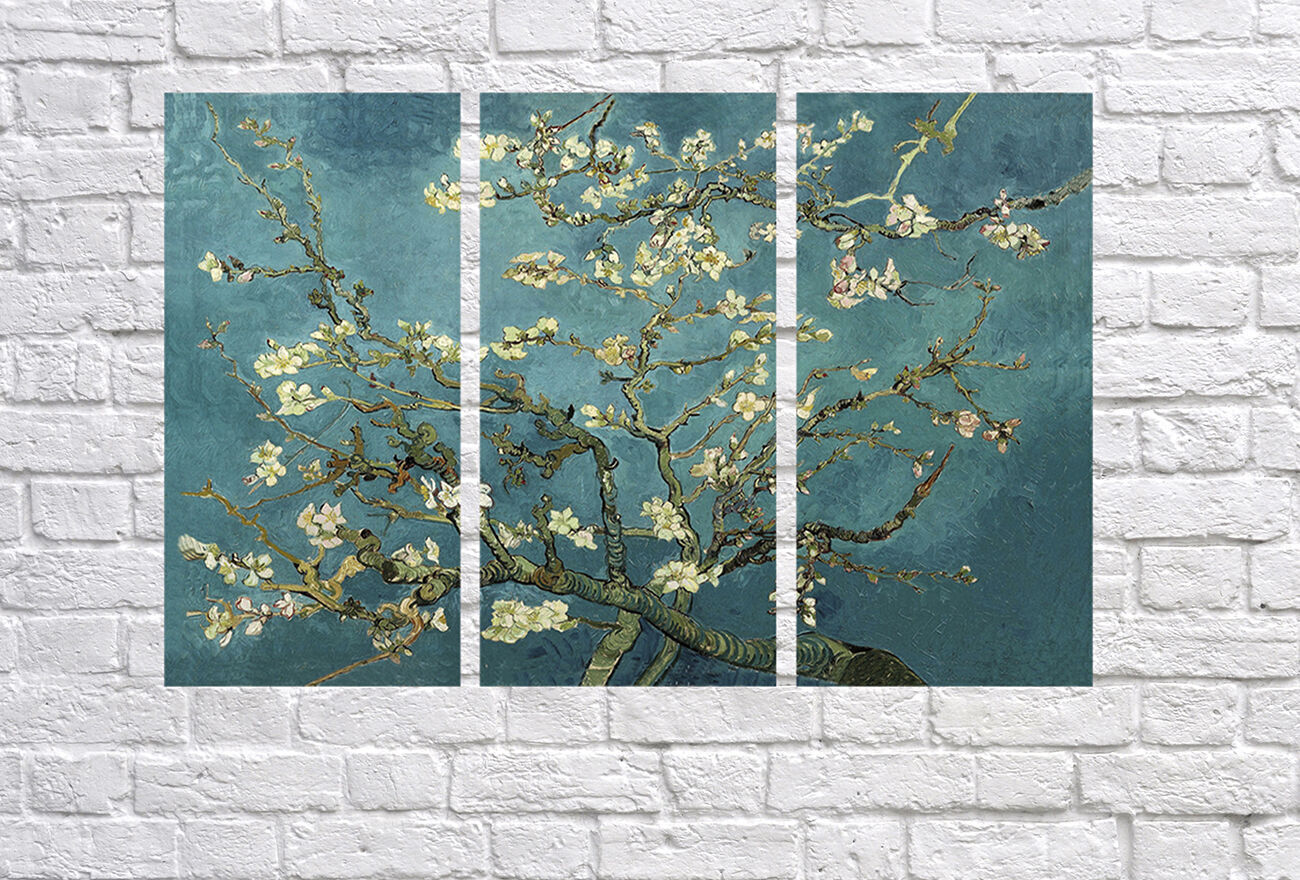VAN GOGH BLOSSOM TREE CANVAS WALL ART PICTURE DUCK EGG BLUE 3 PANELS 41" X  26"