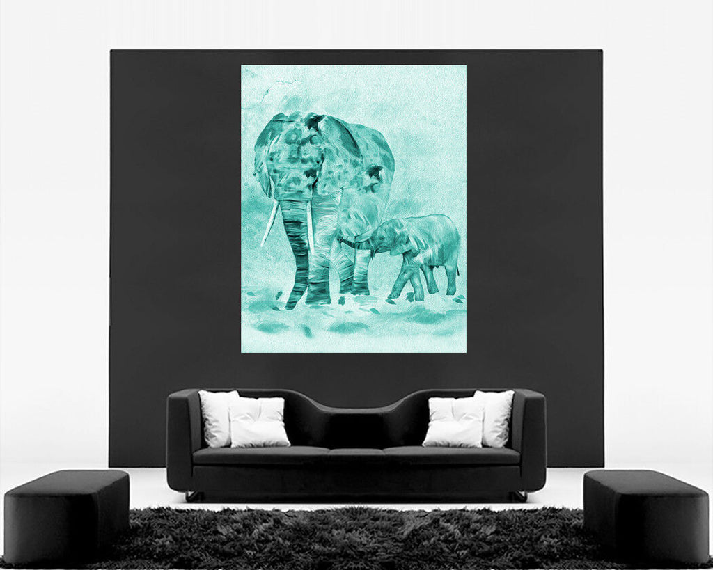 Abstract Duck Egg Blue Elephants Canvas Wall Art Picture Print - A0, A1, A2