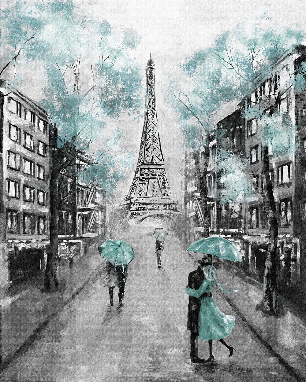 Duck Egg Blue Black & White Paris Oil Painting Canvas Wall Art Picture Print