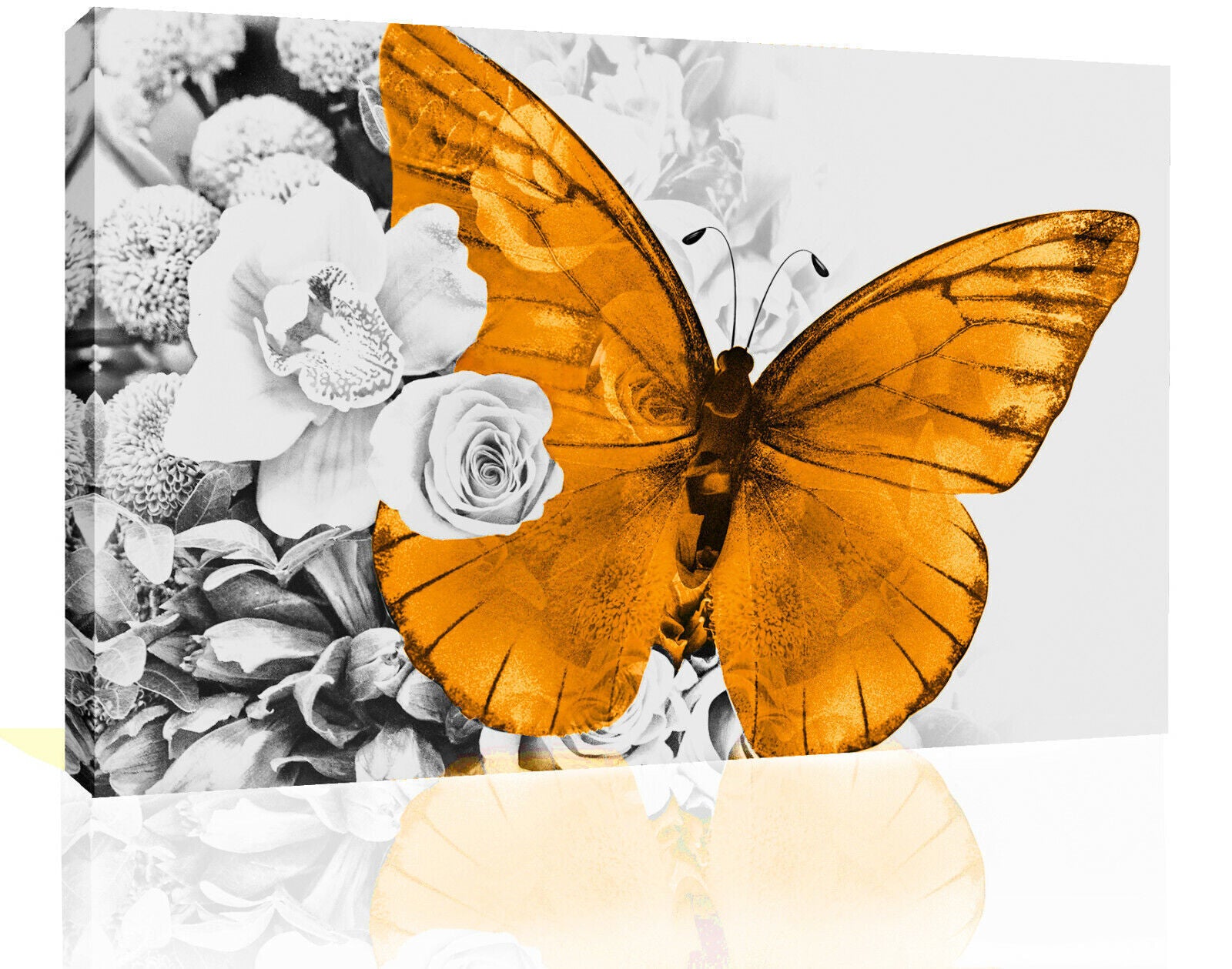 Orange butterfly grey floral abstract background Canvas Wall Art Picture Print