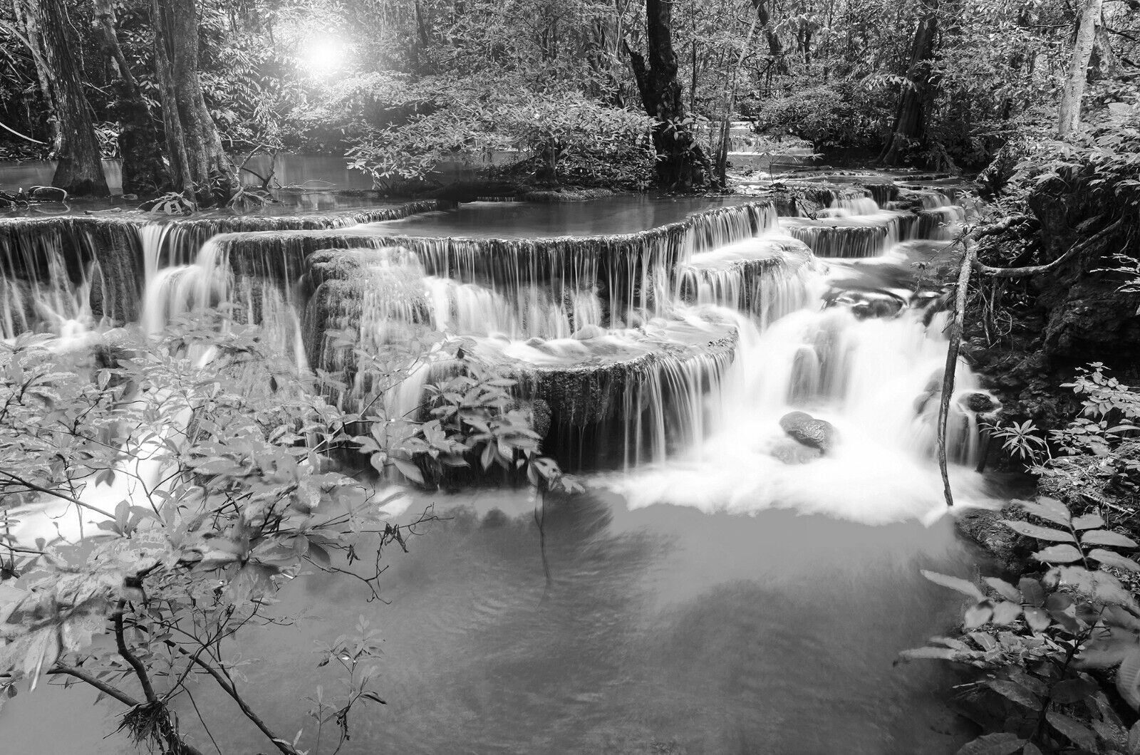 Black White & Grey Waterfall Trees Landscape Canvas Wall Art Picture Print