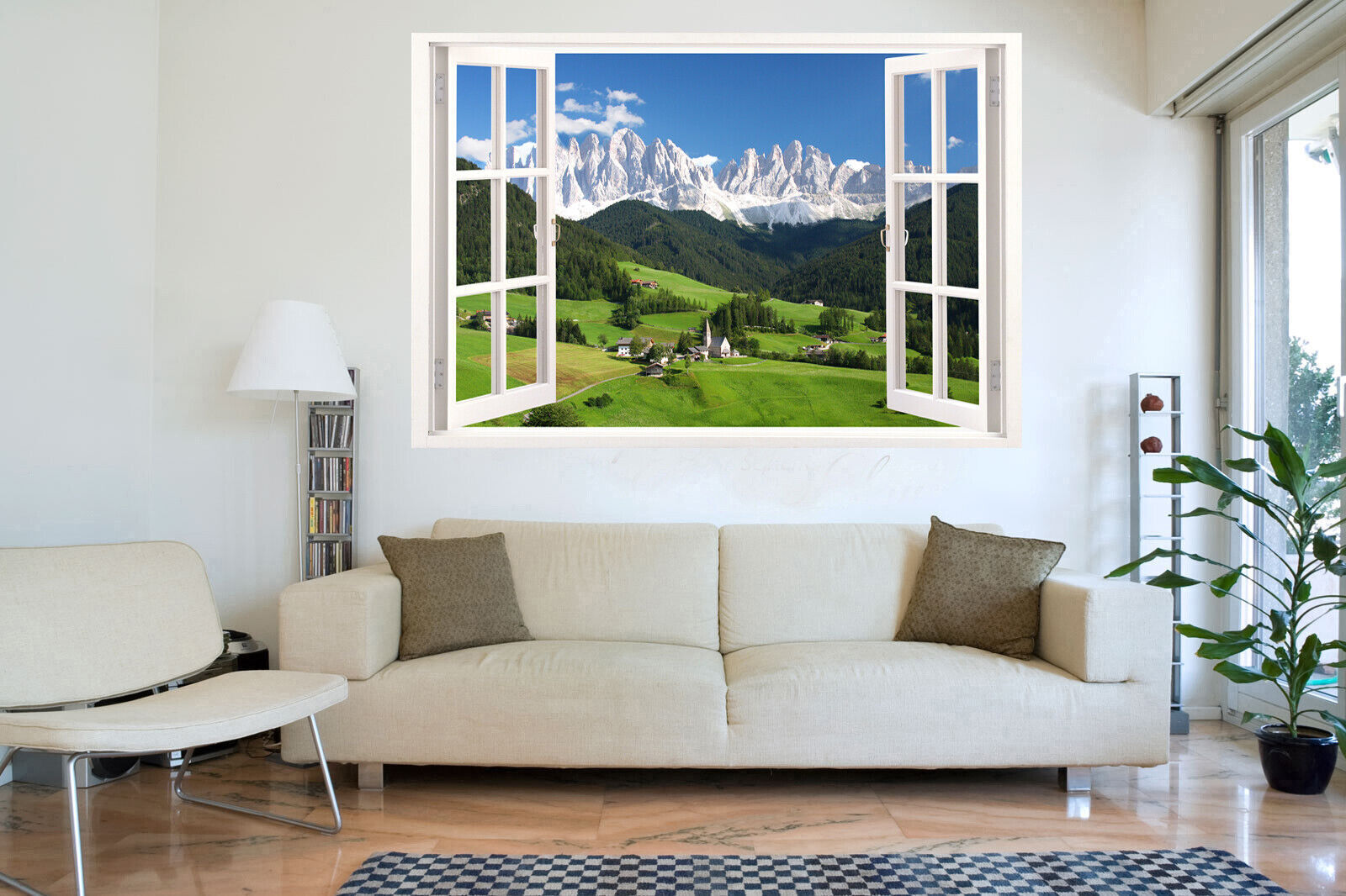 Swiss Alps Landscape through window Canvas Wall Art Picture Print