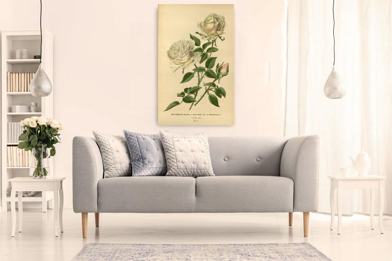 Vintage Bourbon Rose Floral Flowers Illustration CANVAS WALL ART Picture Print