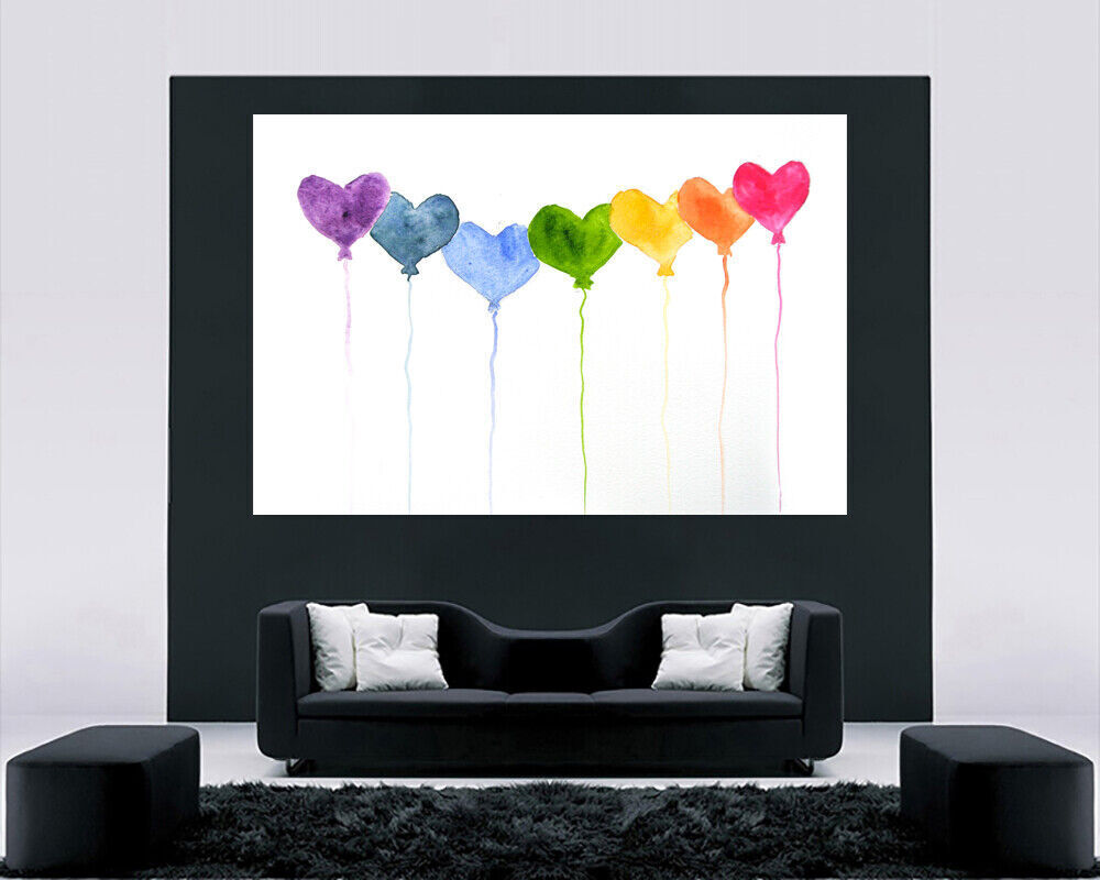 Colourful Hearts Balloons Abstract Watercolour Canvas Wall Art Picture Print