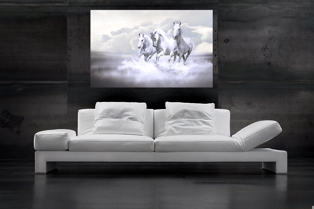 Trio of White Horses Running in Water Canvas Wall Art Picture Print