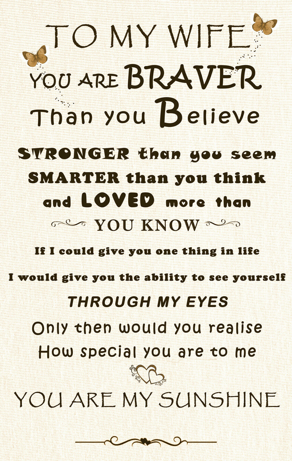 'Wife' -  Any name - Loved Quote on CANVAS WALL ART Picture Print Cream / Sepia