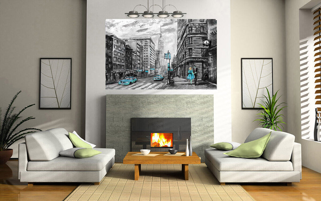 New York City Umbrella Canvas Wall Art Picture Print Oil Painting Duck Egg Blue