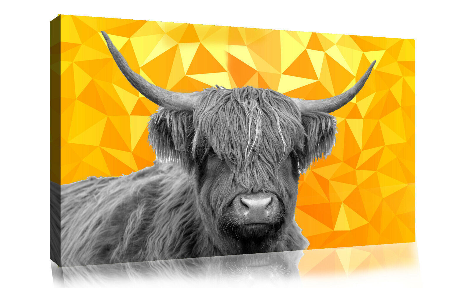 HIGHLAND COW BLACK, WHITE YELLOW / MUSTARD GEO CANVAS WALL ART PRINT ARTWORK