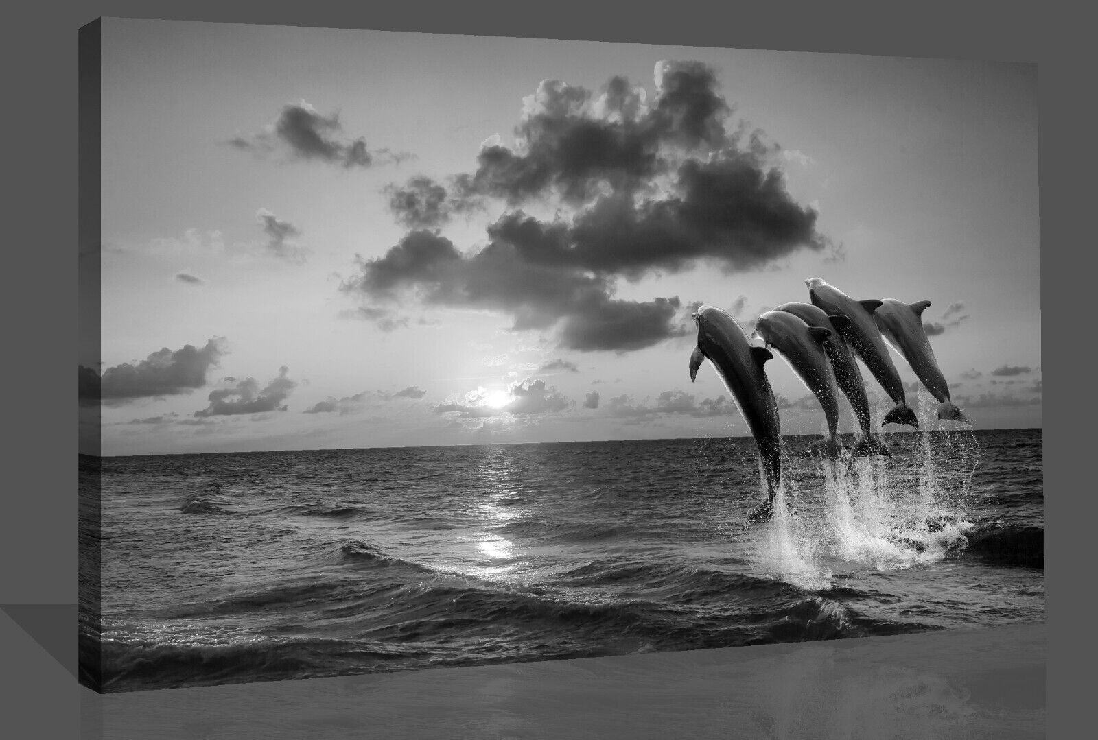 Black & White Sunset With Dolphins Jumping in Sea Canvas Wall Art Picture Print
