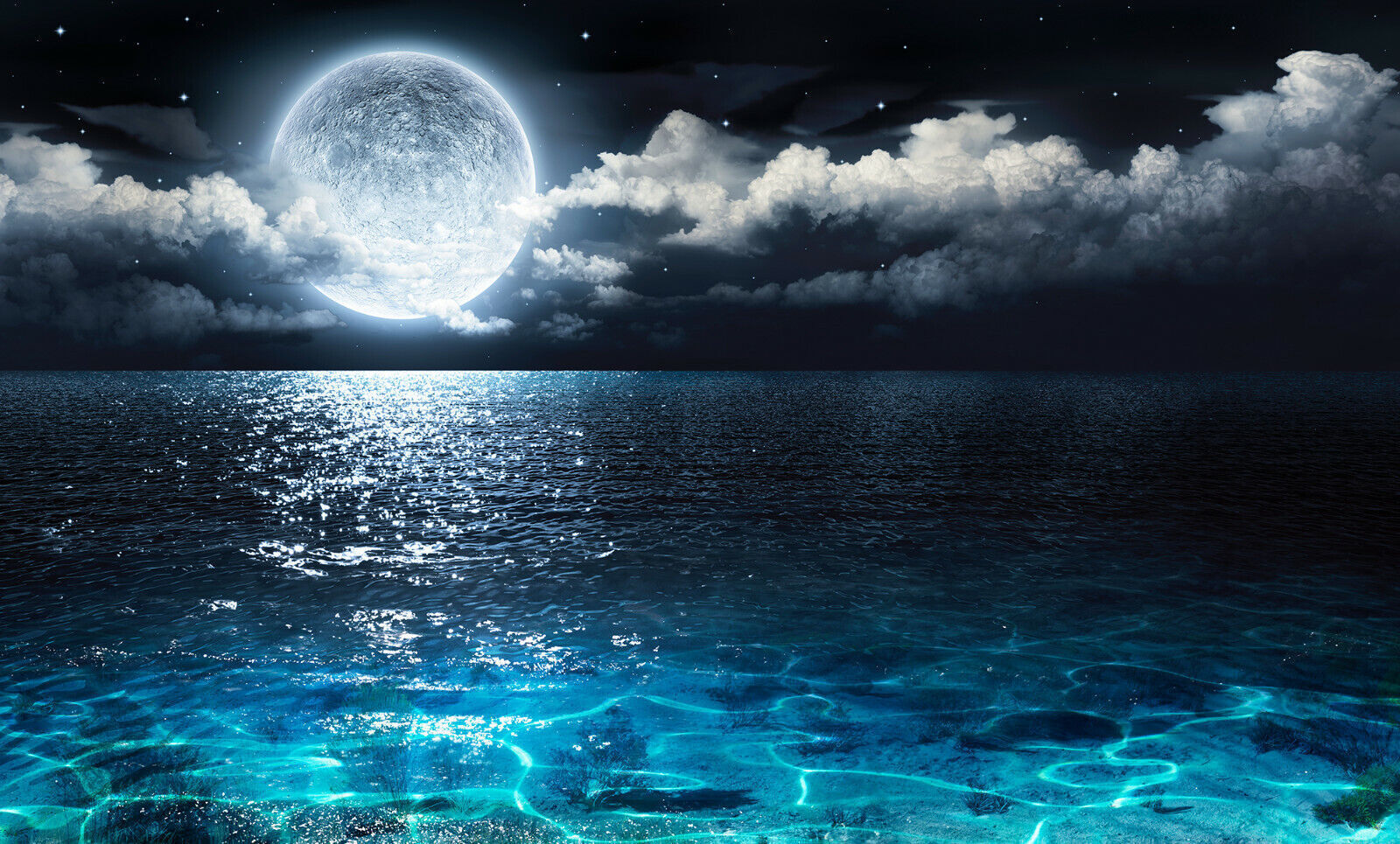 Full Moon on Sea at Night Seascape CANVAS WALL ART Picture Print - Blue