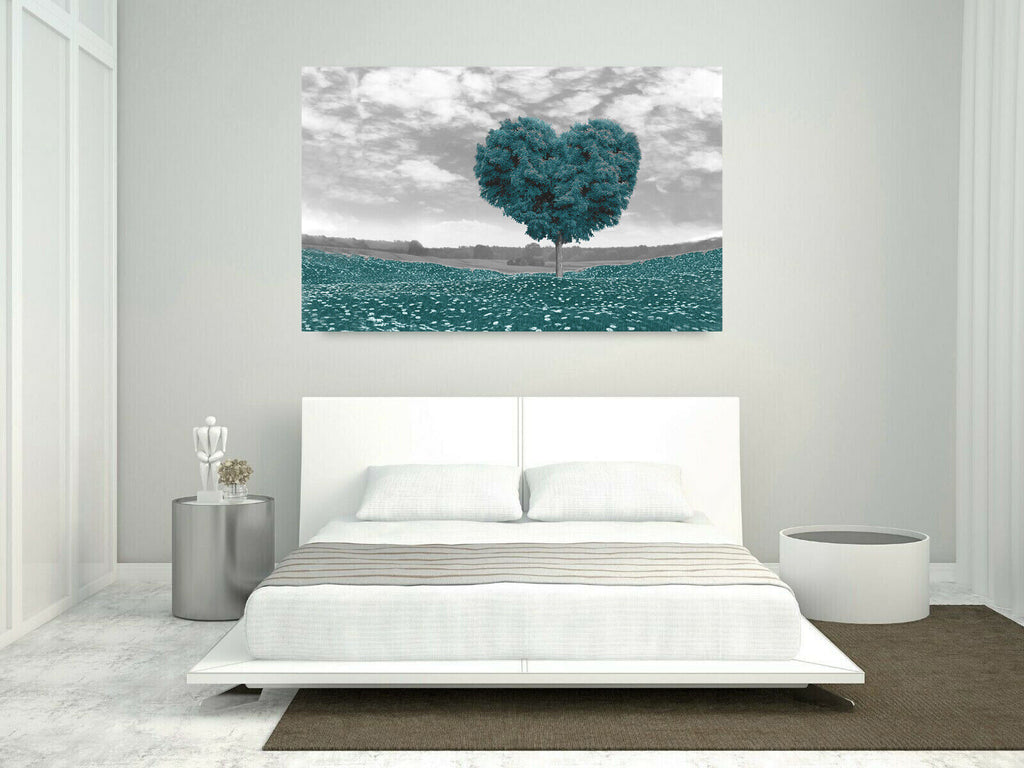 Duck Egg Blue Love Heart Tree Landscape Canvas Wall Art Picture Print