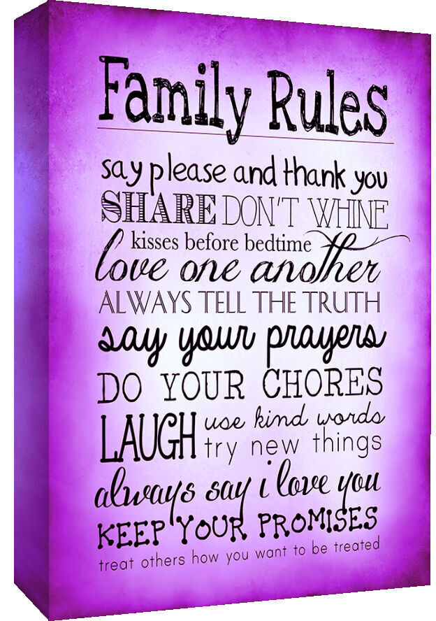 Purple Family Rules Quote, Canvas Wall Art Picture Print ALL SIZES, ANY COLOUR