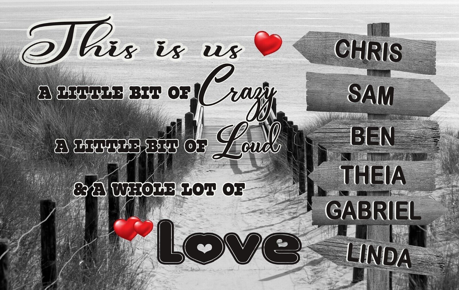 Personalized Personal up to 6 Names on Beach Sign Post Canvas Wall Art Print - 2