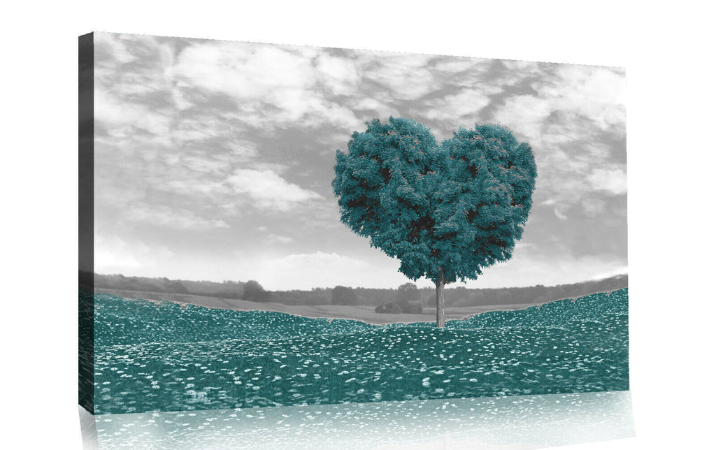 Duck Egg Blue Love Heart Tree Landscape Canvas Wall Art Picture Print