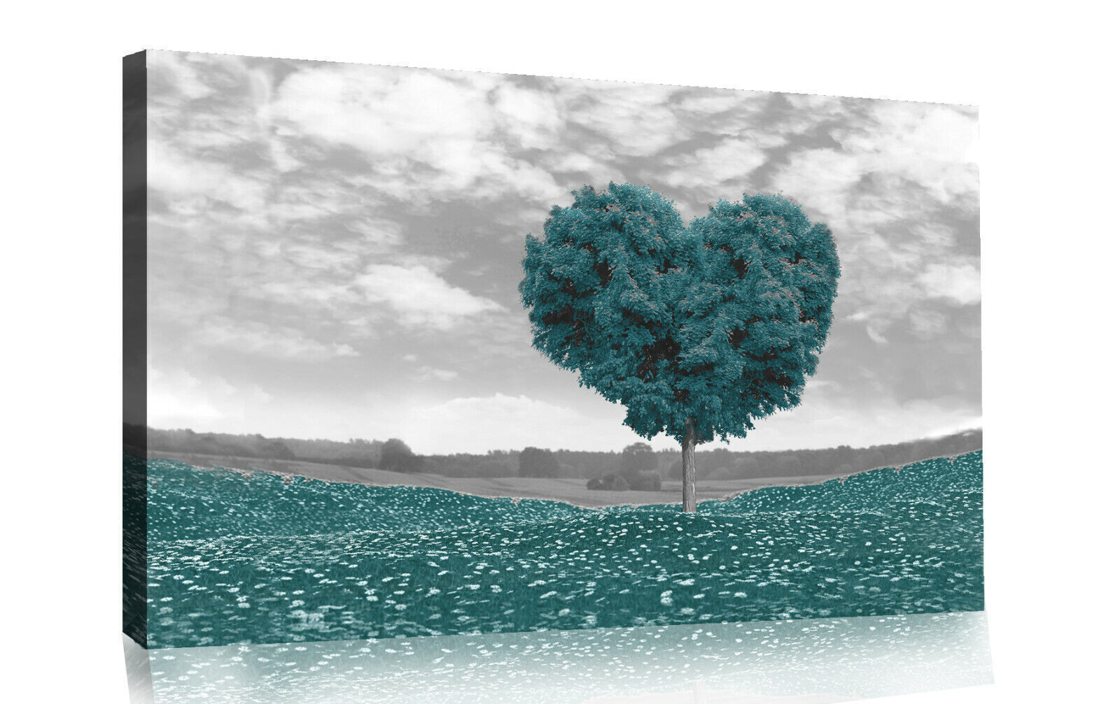 Duck Egg Blue Love Heart Tree Landscape Canvas Wall Art Picture Print