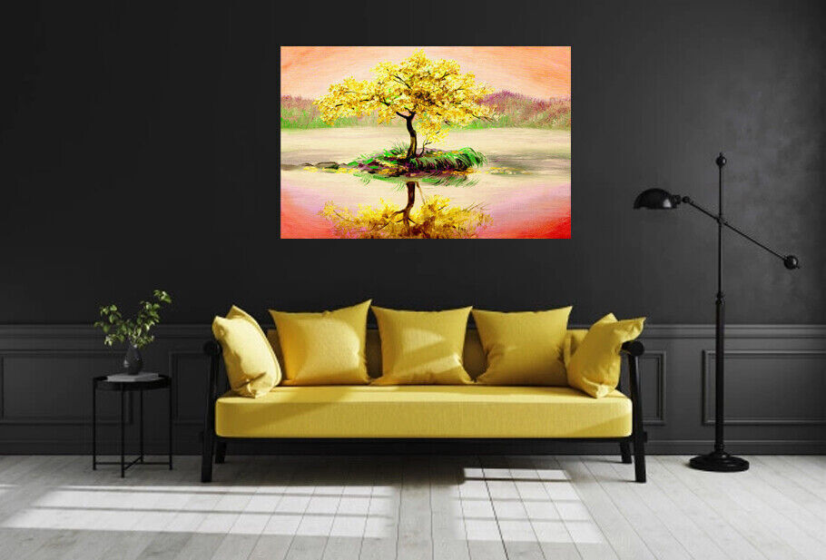 Yellow / Mustard Tree on Lake With Sunset Sky Canvas Wall Art Picture Print