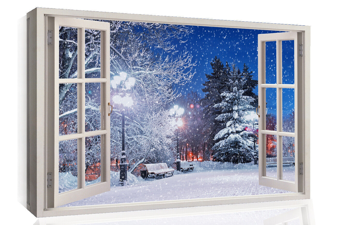 Winter Snowing Scene 3D Window Effect Canvas Wall Art Picture Print All sizes
